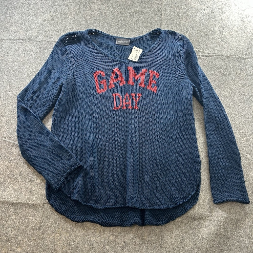 WOODEN SHIPS Sweater S/M Game Day V-Neck Cotton Knit Navy Blue Red Chile - Picture 1 of 7
